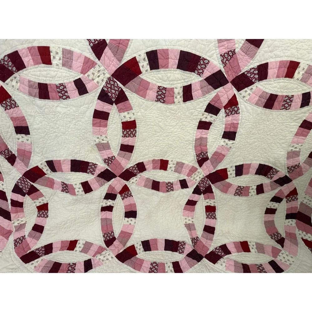 VINTAGE Queen Size DOUBLE WEDDING RING Pink Red QUILT Handmade 84